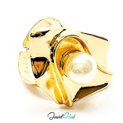 Gold - Plated Zinc Ring with Sculptural Pearl – Abstract Statement for Textural Jewellery Lovers - JewelHub.co.uk