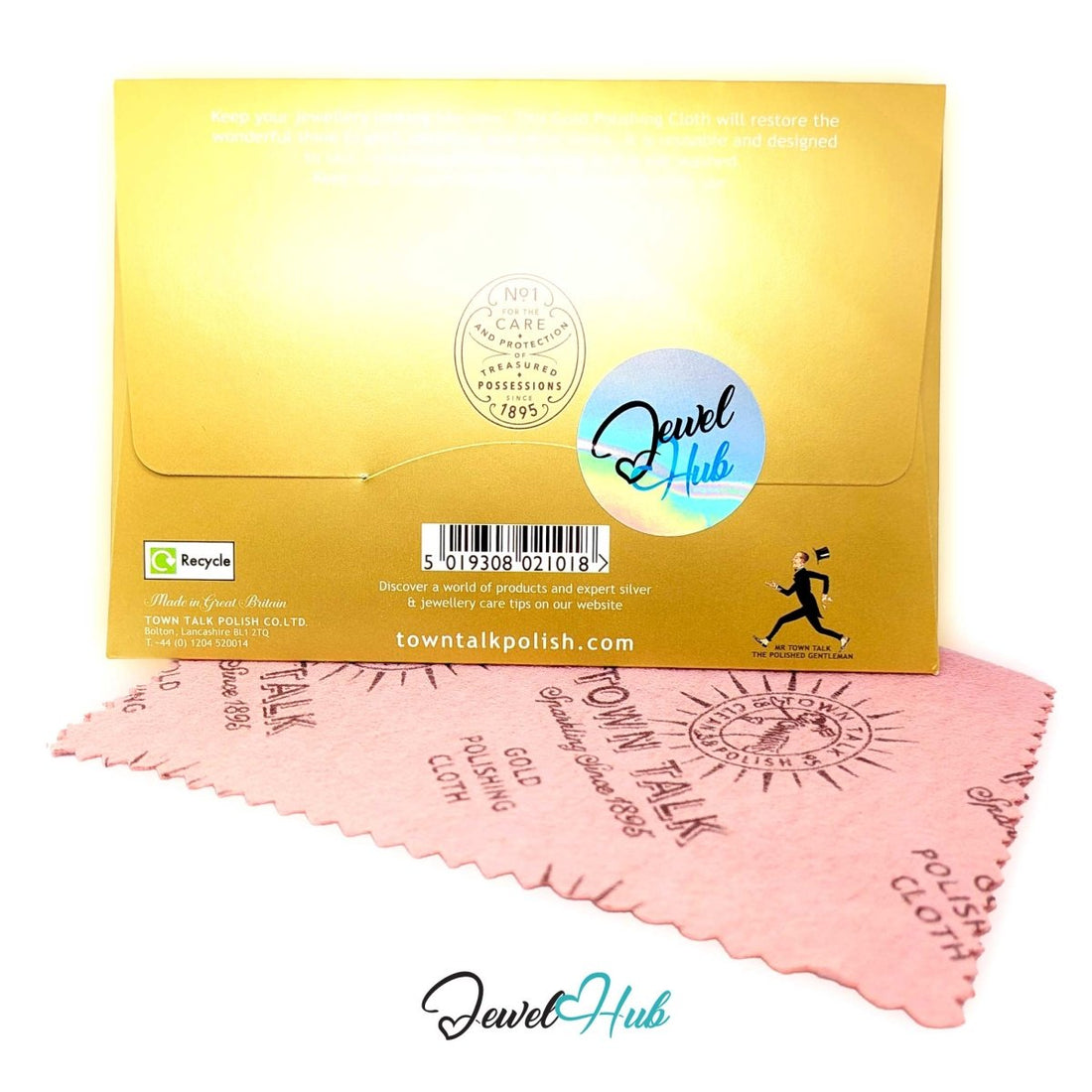 Town Talk Gold Polishing Cloth in its gold envelope, front view, with the pink cotton cloth fanned out beneath it — JewelHub.