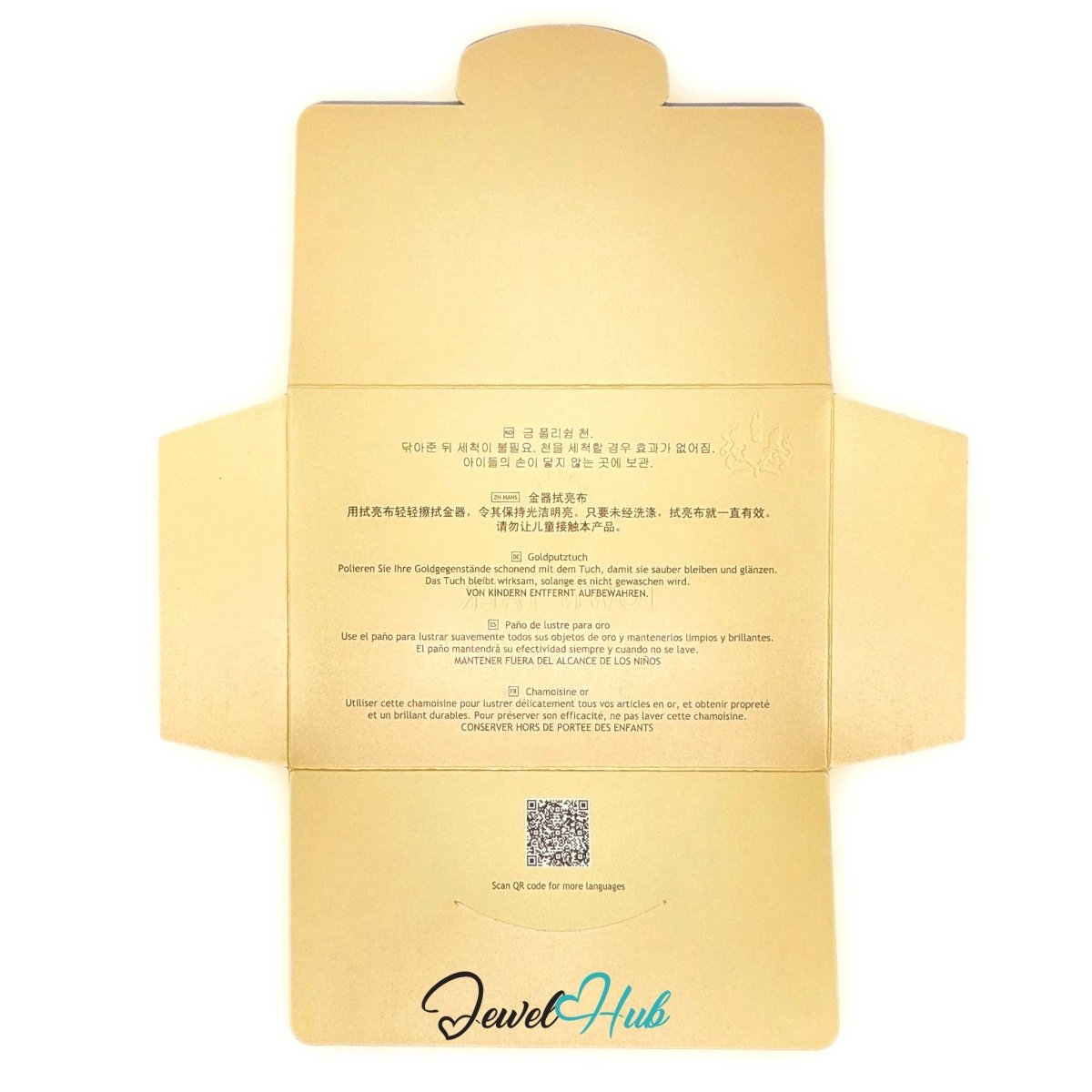 Inside of the Town Talk gold cloth envelope opened flat, showing multilingual care instructions and a QR code for more languages.