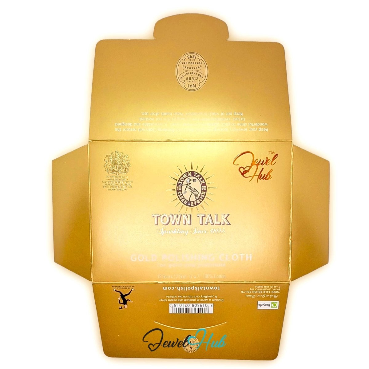 Town Talk gold polishing cloth envelope opened flat, front face with the Town Talk crest and JewelHub logo.