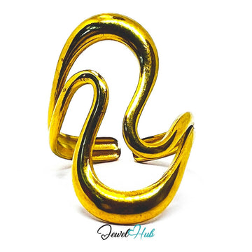 Gold Sculptural Wave Adjustable Stainless Steel Statement Ring - JewelHub.co.uk