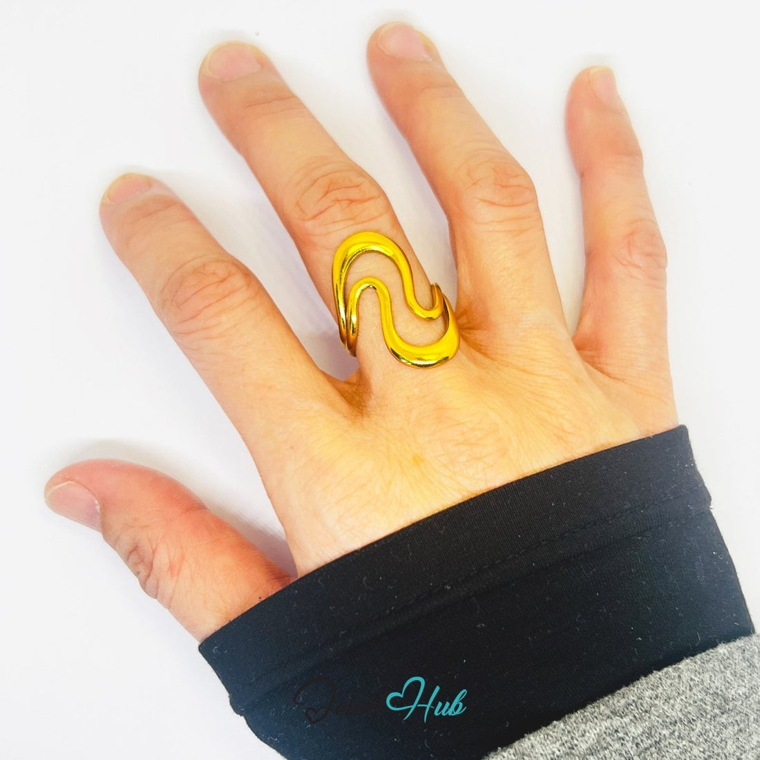 Gold Sculptural Wave Adjustable Stainless Steel Statement Ring - JewelHub.co.uk