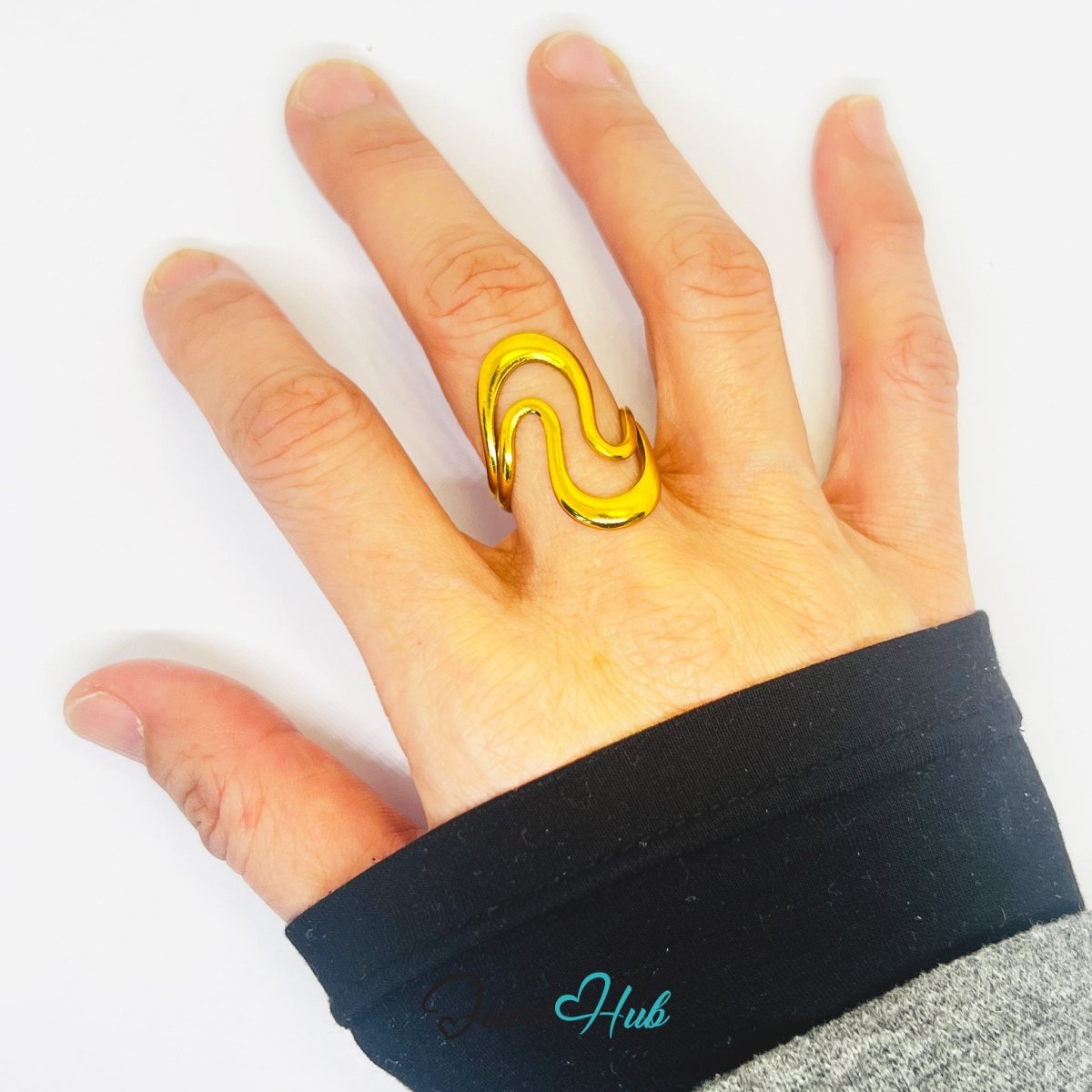 Gold Sculptural Wave Adjustable Stainless Steel Statement Ring - JewelHub.co.uk