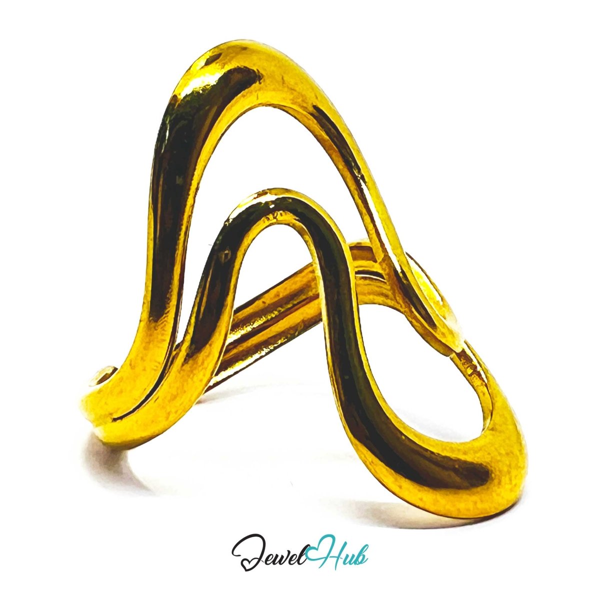 Gold Sculptural Wave Adjustable Stainless Steel Statement Ring - JewelHub.co.uk