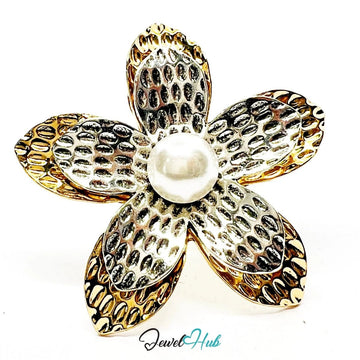 Gold & Silver - Plated Flower Ring – Adjustable Size L–N | 45mm Sculptural Bloom with Pearl - JewelHub.co.uk