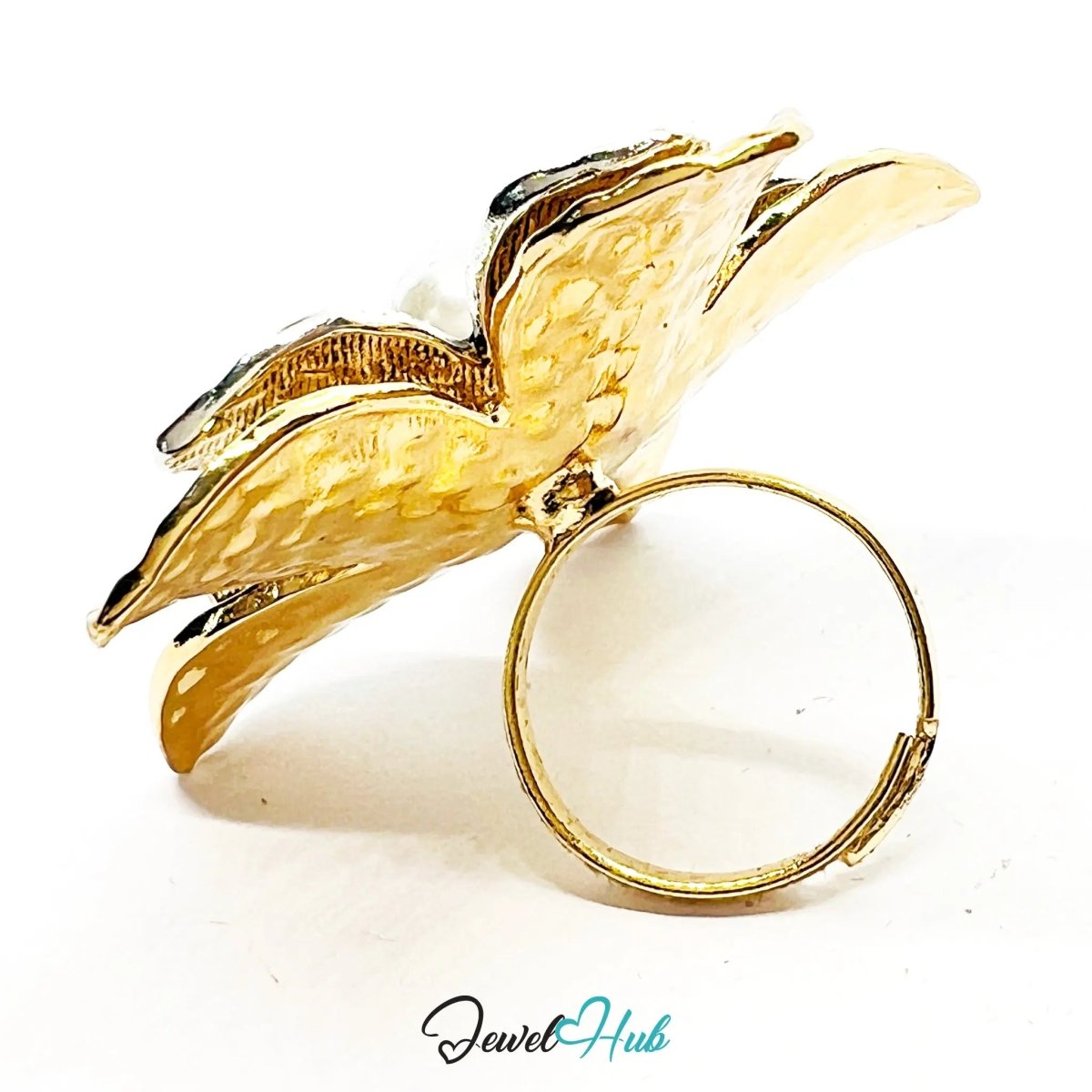 Gold & Silver - Plated Flower Ring – Adjustable Size L–N | 45mm Sculptural Bloom with Pearl - JewelHub.co.uk