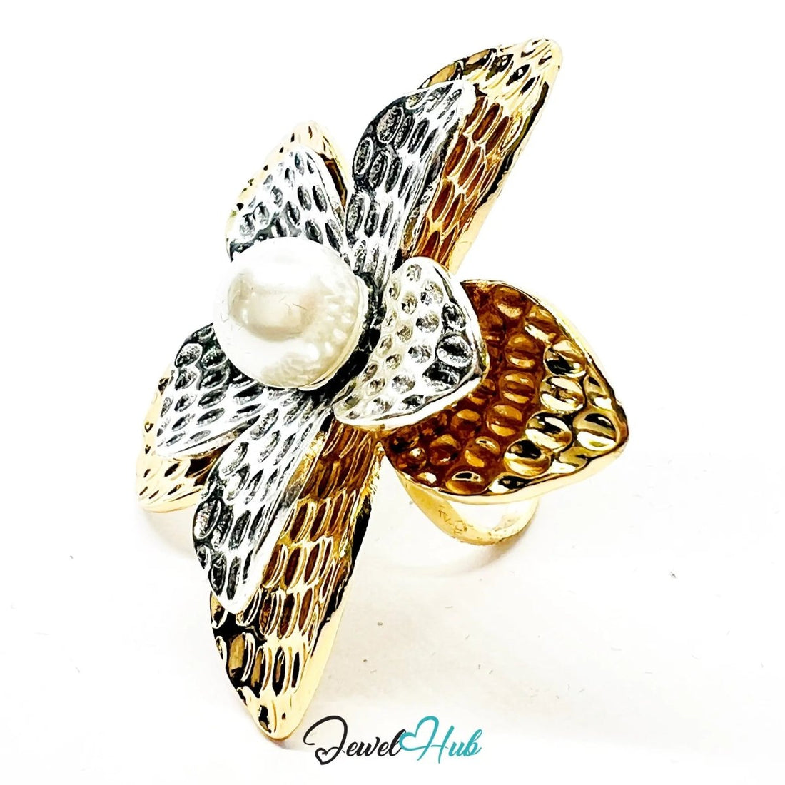 Gold & Silver - Plated Flower Ring – Adjustable Size L–N | 45mm Sculptural Bloom with Pearl - JewelHub.co.uk