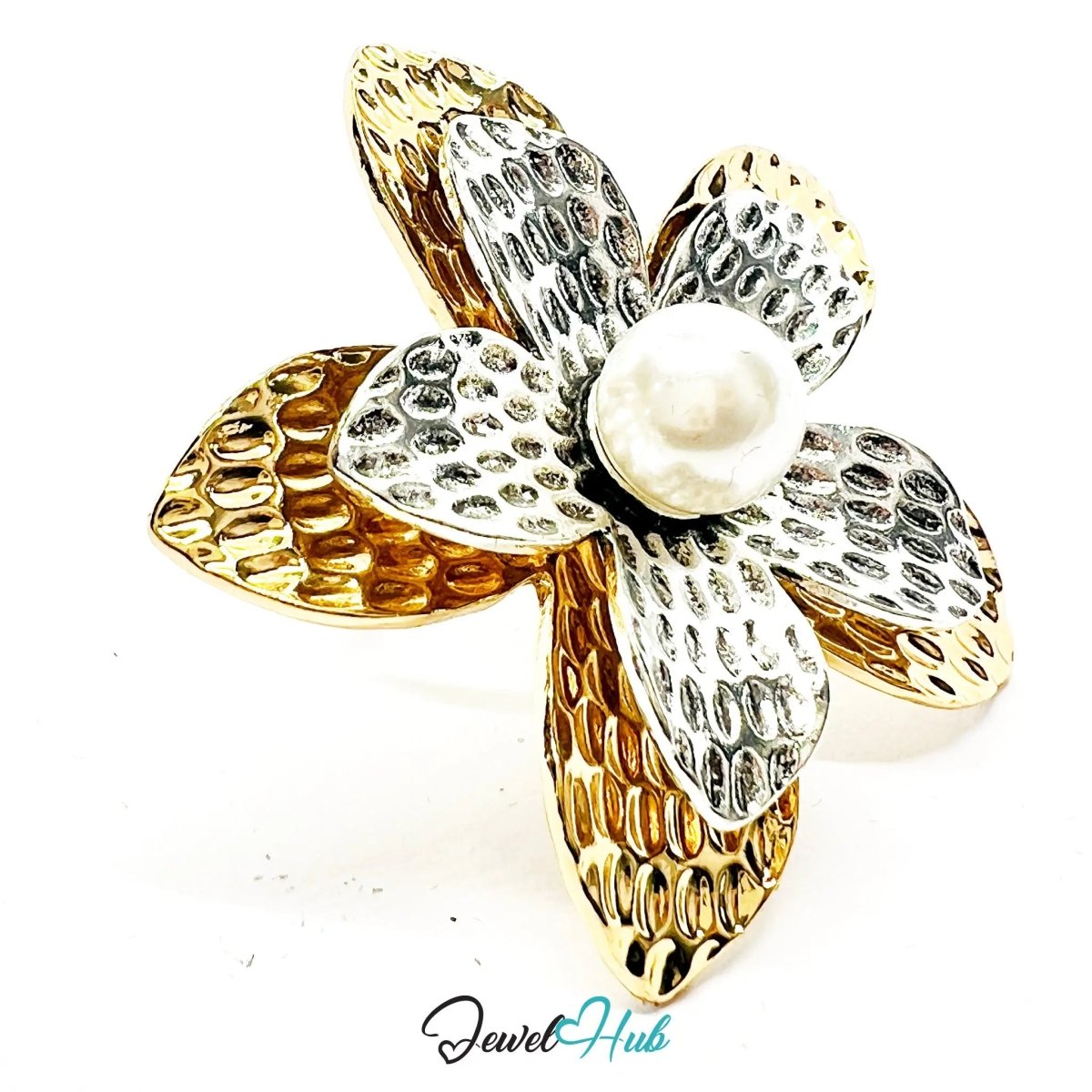 Gold & Silver - Plated Flower Ring – Adjustable Size L–N | 45mm Sculptural Bloom with Pearl - JewelHub.co.uk