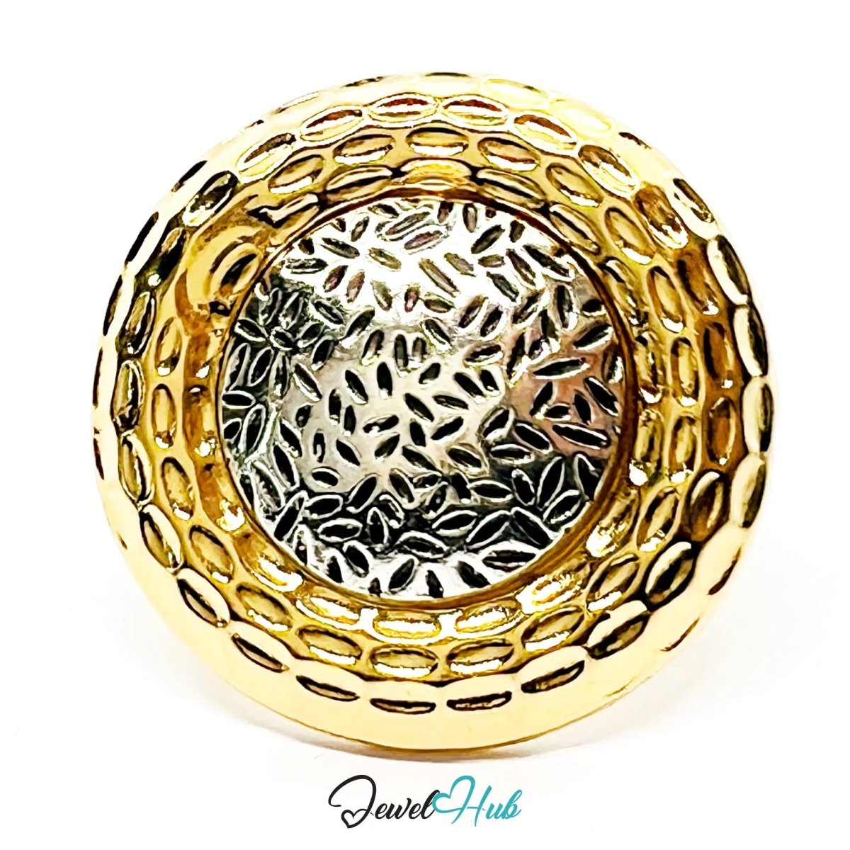 Gold & Silver - Plated Oval Ring – Adjustable M–O | Textural Modernism with Sculptural Pattern - JewelHub.co.uk