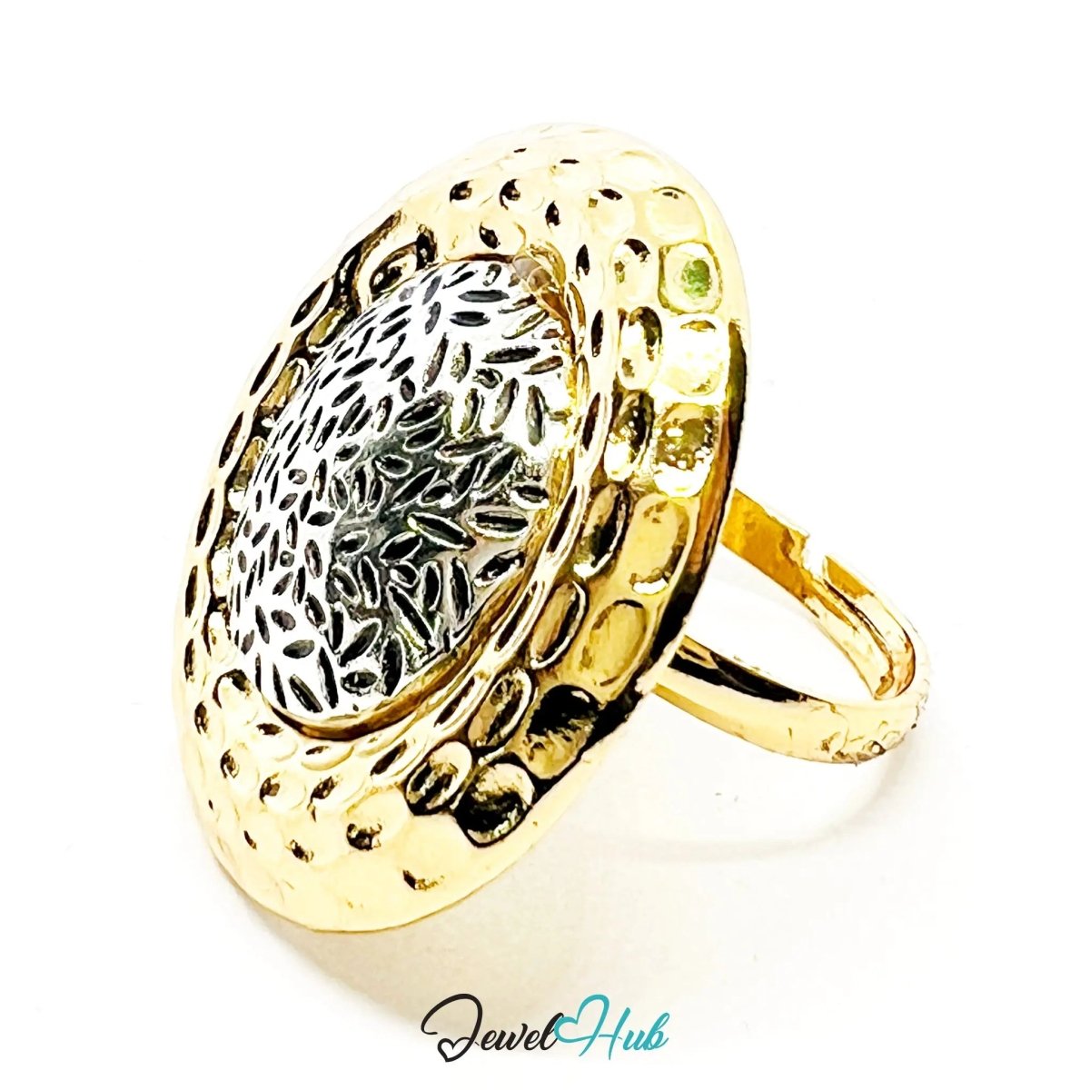 Gold & Silver - Plated Oval Ring – Adjustable M–O | Textural Modernism with Sculptural Pattern - JewelHub.co.uk