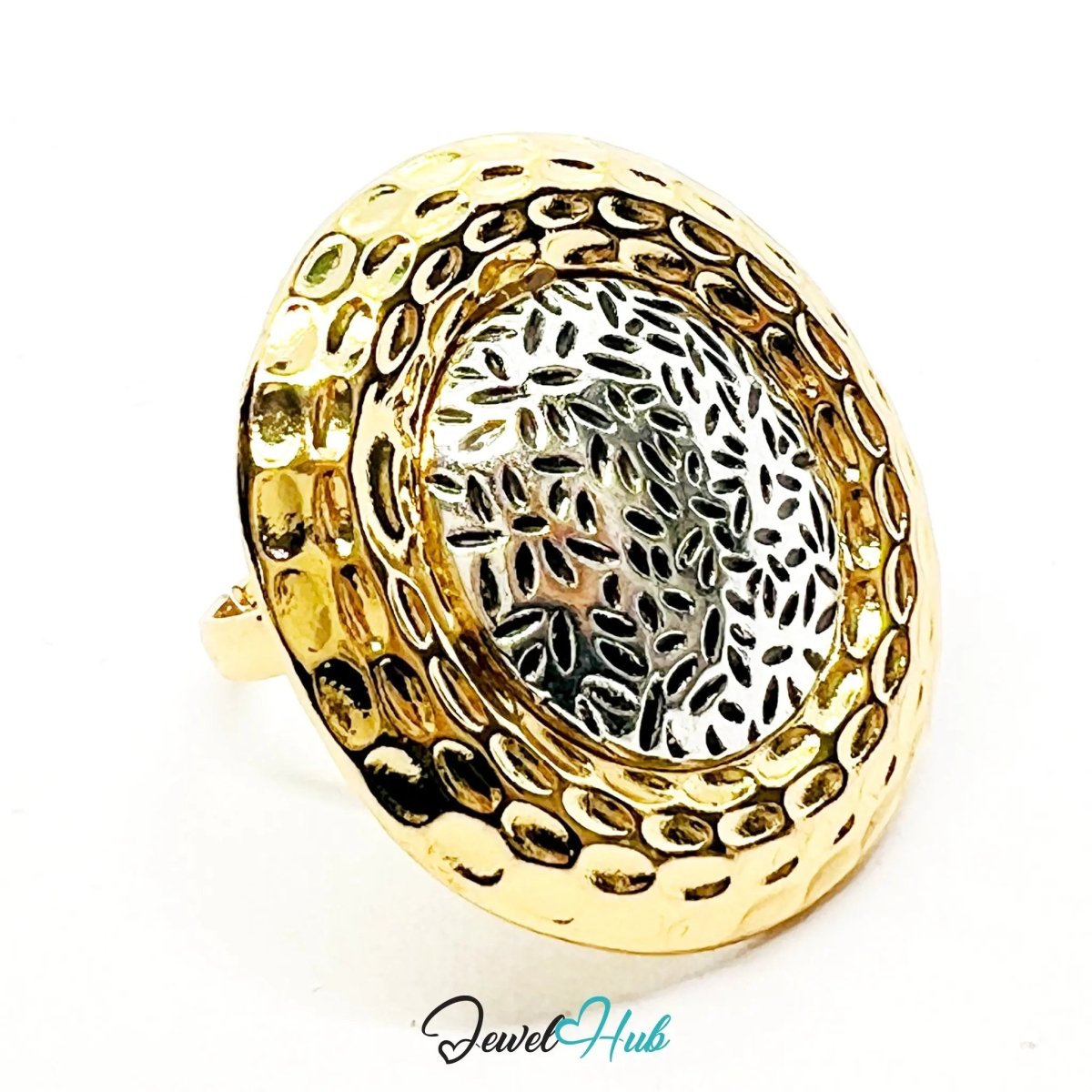 Gold & Silver - Plated Oval Ring – Adjustable M–O | Textural Modernism with Sculptural Pattern - JewelHub.co.uk