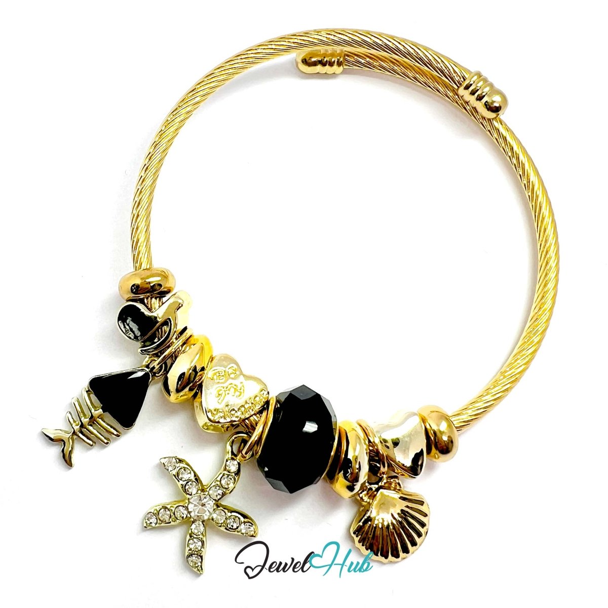 Gold Stainless Steel Black Gem Starfish Fishbone Charm Bangle - JewelHub.co.uk