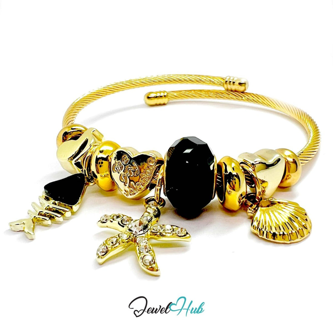 Gold Stainless Steel Black Gem Starfish Fishbone Charm Bangle - JewelHub.co.uk