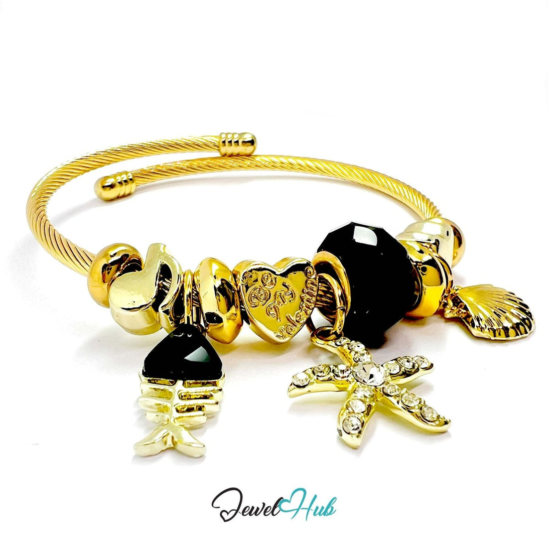 Gold Stainless Steel Black Gem Starfish Fishbone Charm Bangle - JewelHub.co.uk
