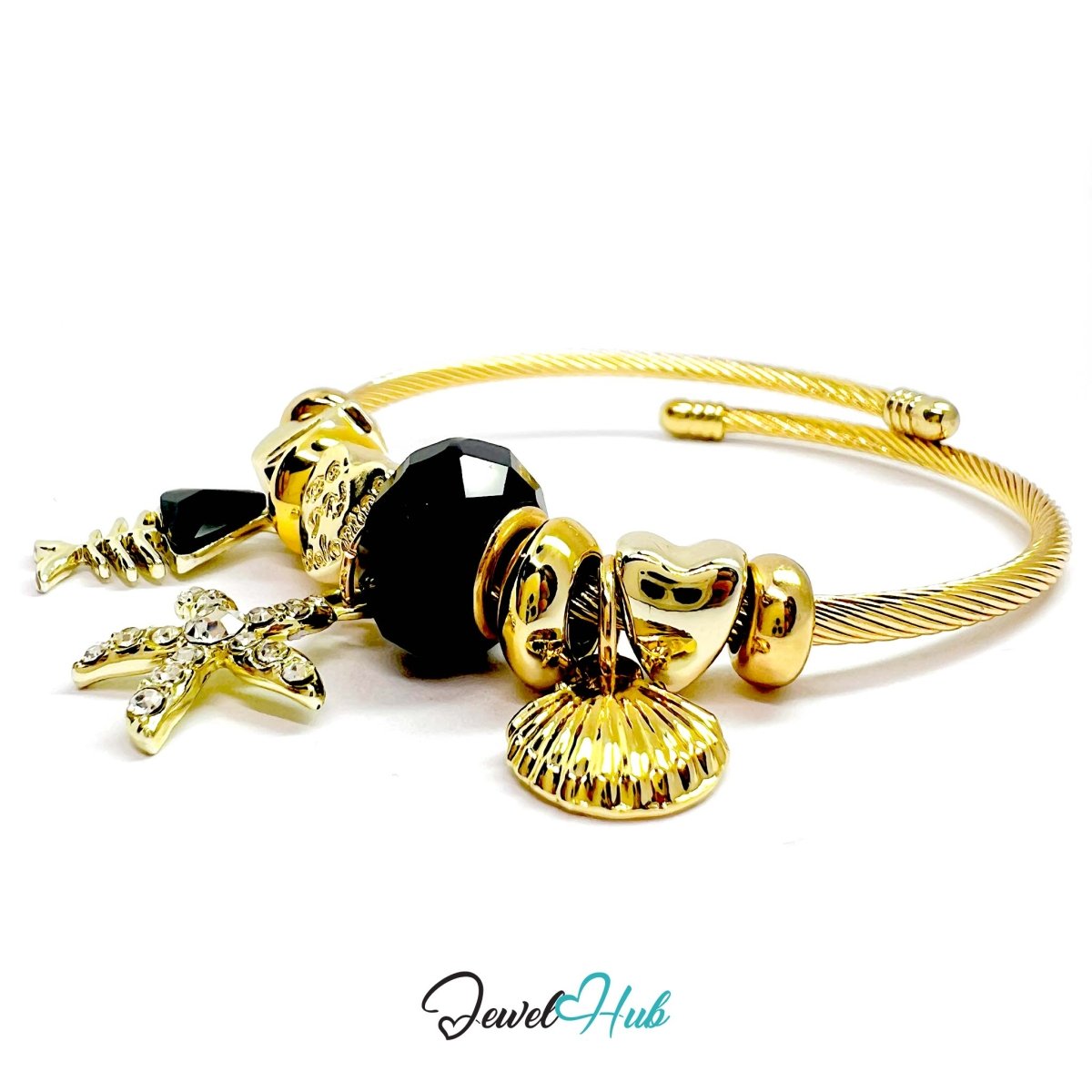 Gold Stainless Steel Black Gem Starfish Fishbone Charm Bangle - JewelHub.co.uk
