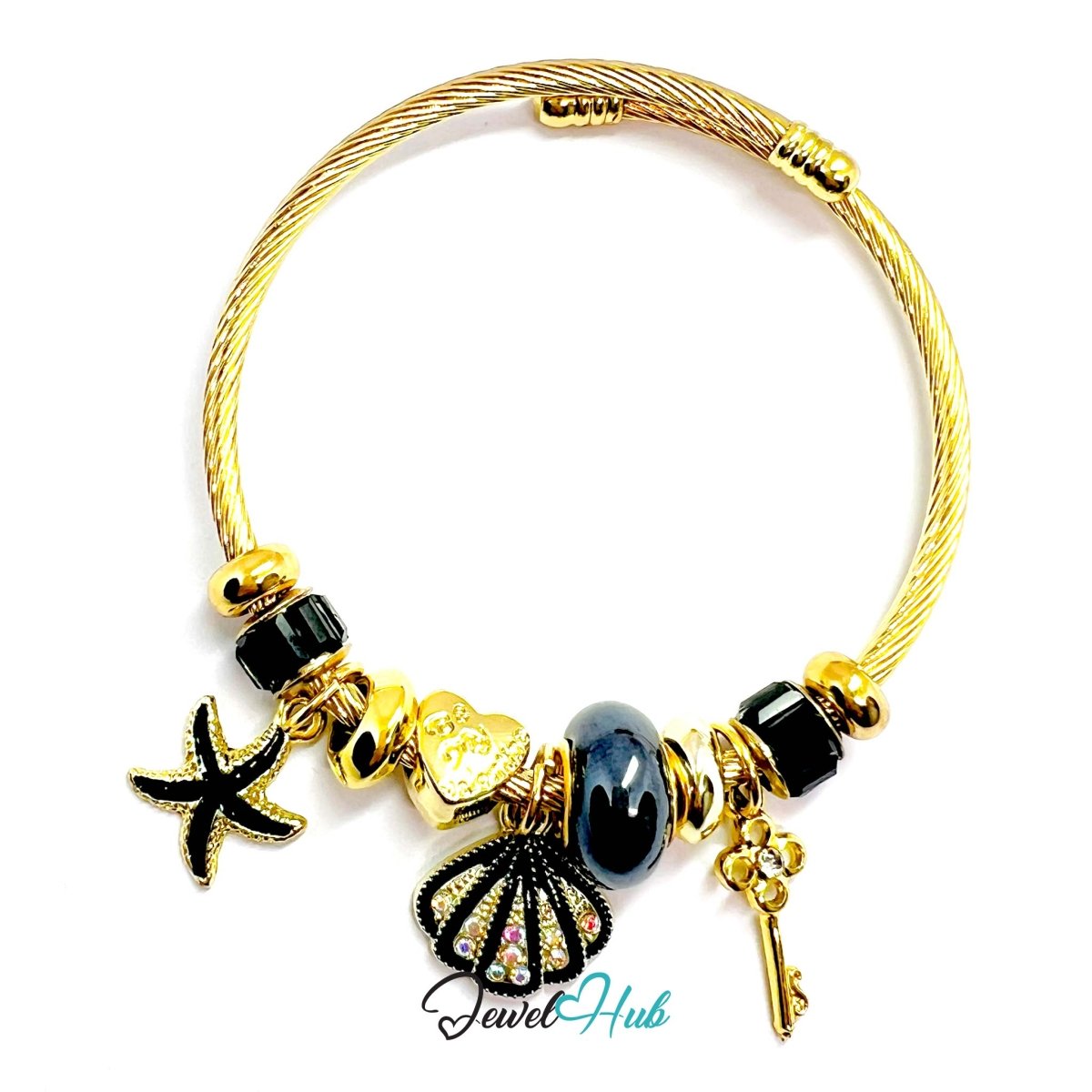 Gold Stainless Steel Black Shell & Starfish Beads Charm Bangle - JewelHub.co.uk