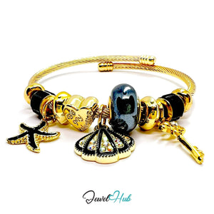Gold Stainless Steel Black Shell & Starfish Beads Charm Bangle - JewelHub.co.uk