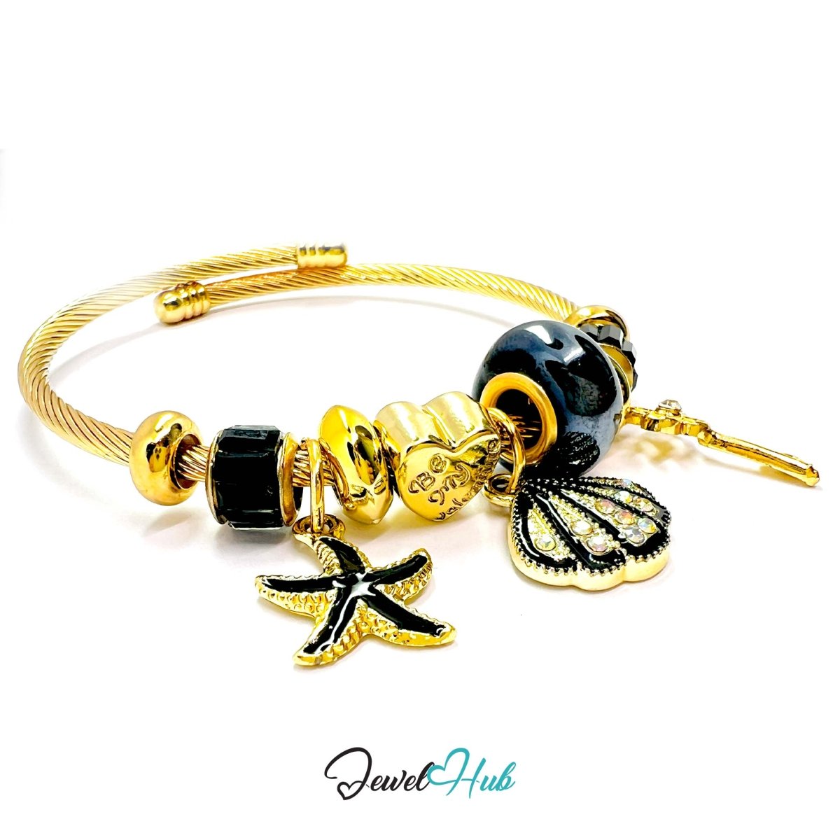 Gold Stainless Steel Black Shell & Starfish Beads Charm Bangle - JewelHub.co.uk