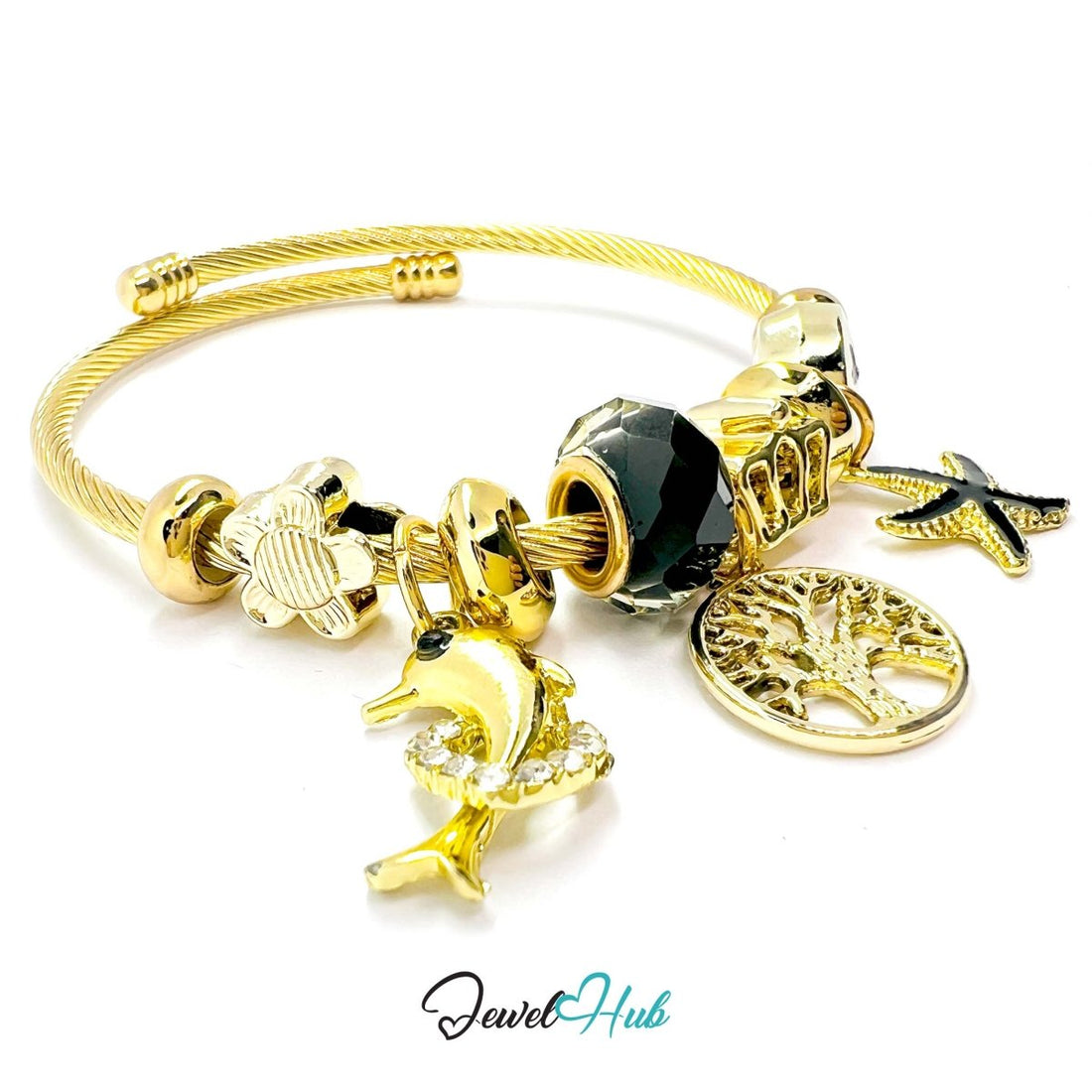 Gold Stainless Steel Black Tree of Life Beads Charm Bangle - JewelHub.co.uk