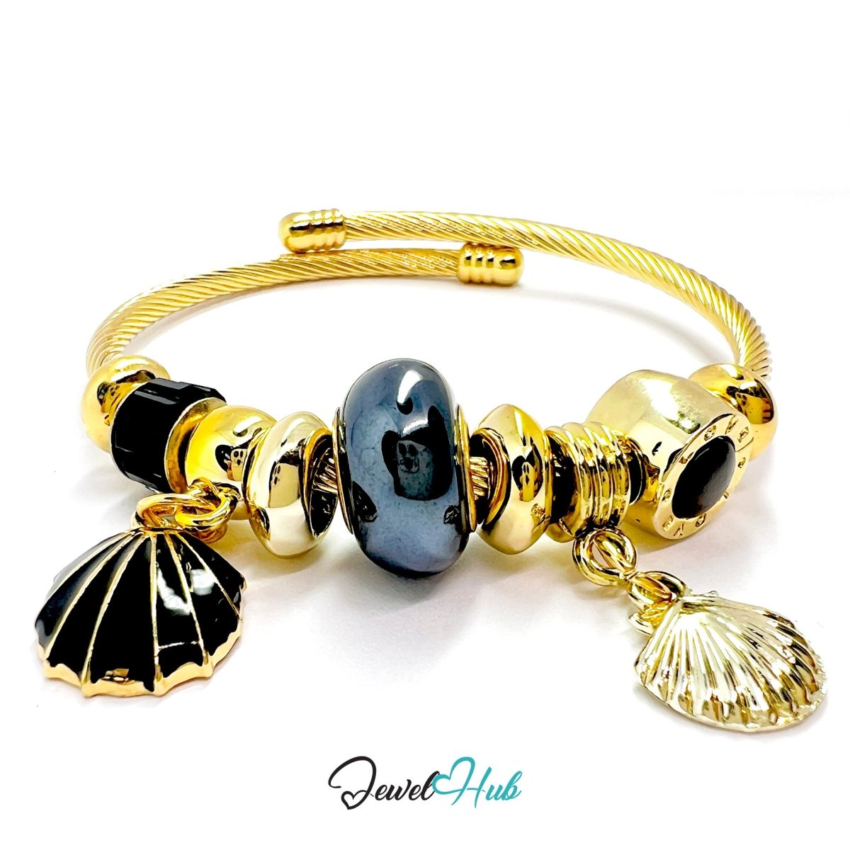 Gold Stainless Steel Black Twin Shell Beads Charm Bangle - JewelHub.co.uk