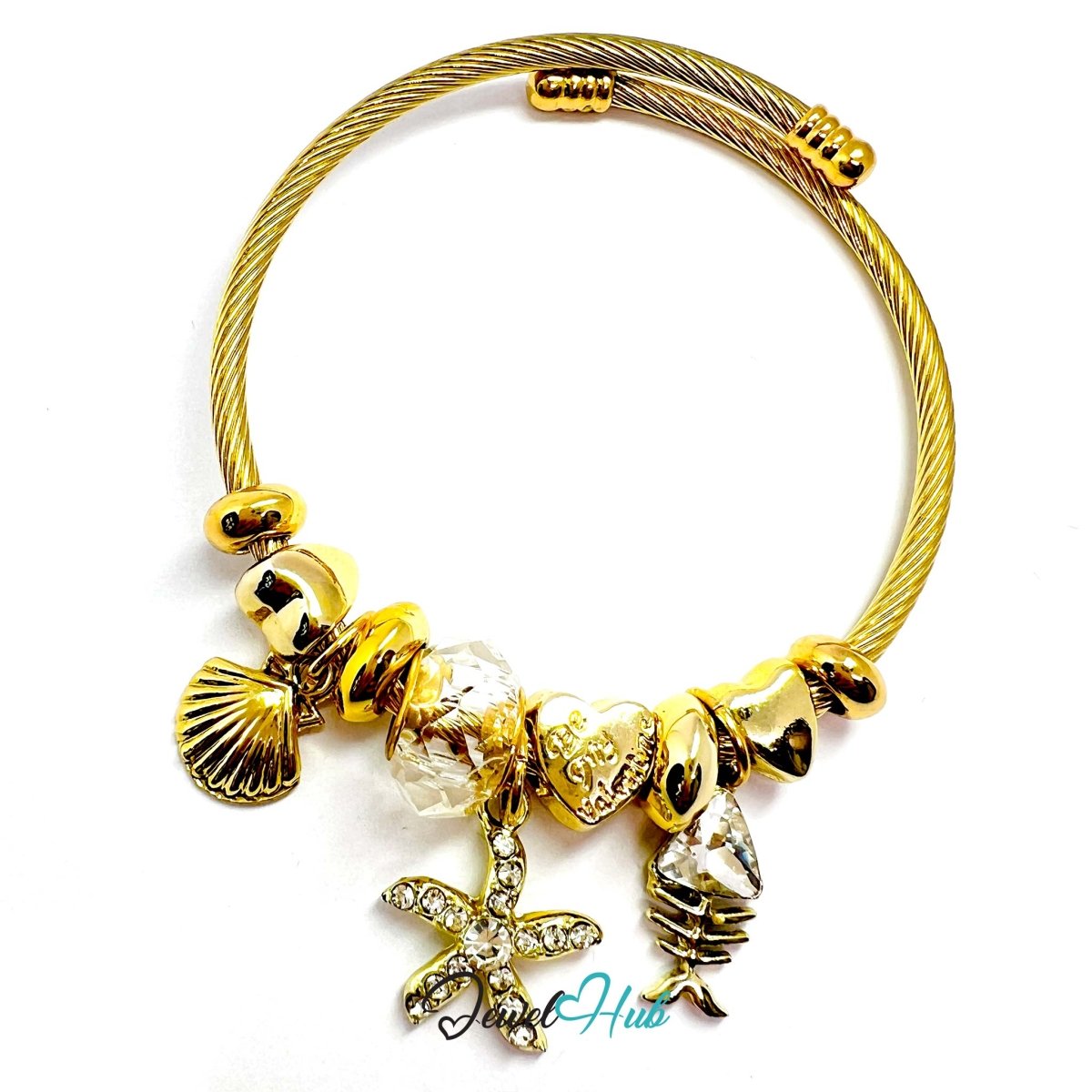 Gold Stainless Steel Crystal Gem Starfish Fishbone Charm Bangle - JewelHub.co.uk