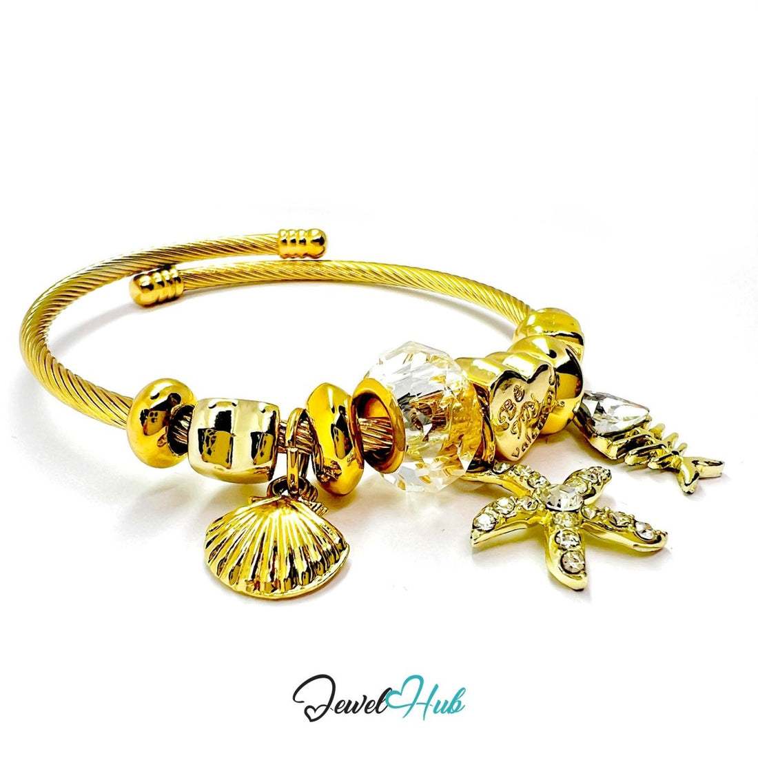 Gold Stainless Steel Crystal Gem Starfish Fishbone Charm Bangle - JewelHub.co.uk