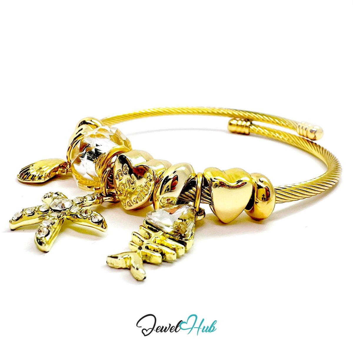 Gold Stainless Steel Crystal Gem Starfish Fishbone Charm Bangle - JewelHub.co.uk