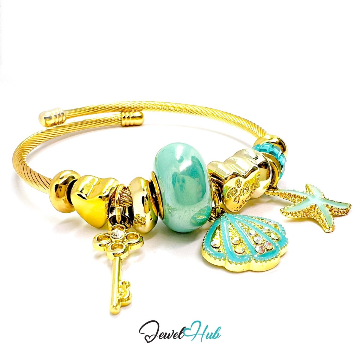 Gold Stainless Steel Cyan Shell & Starfish Beads Charm Bangle - JewelHub.co.uk