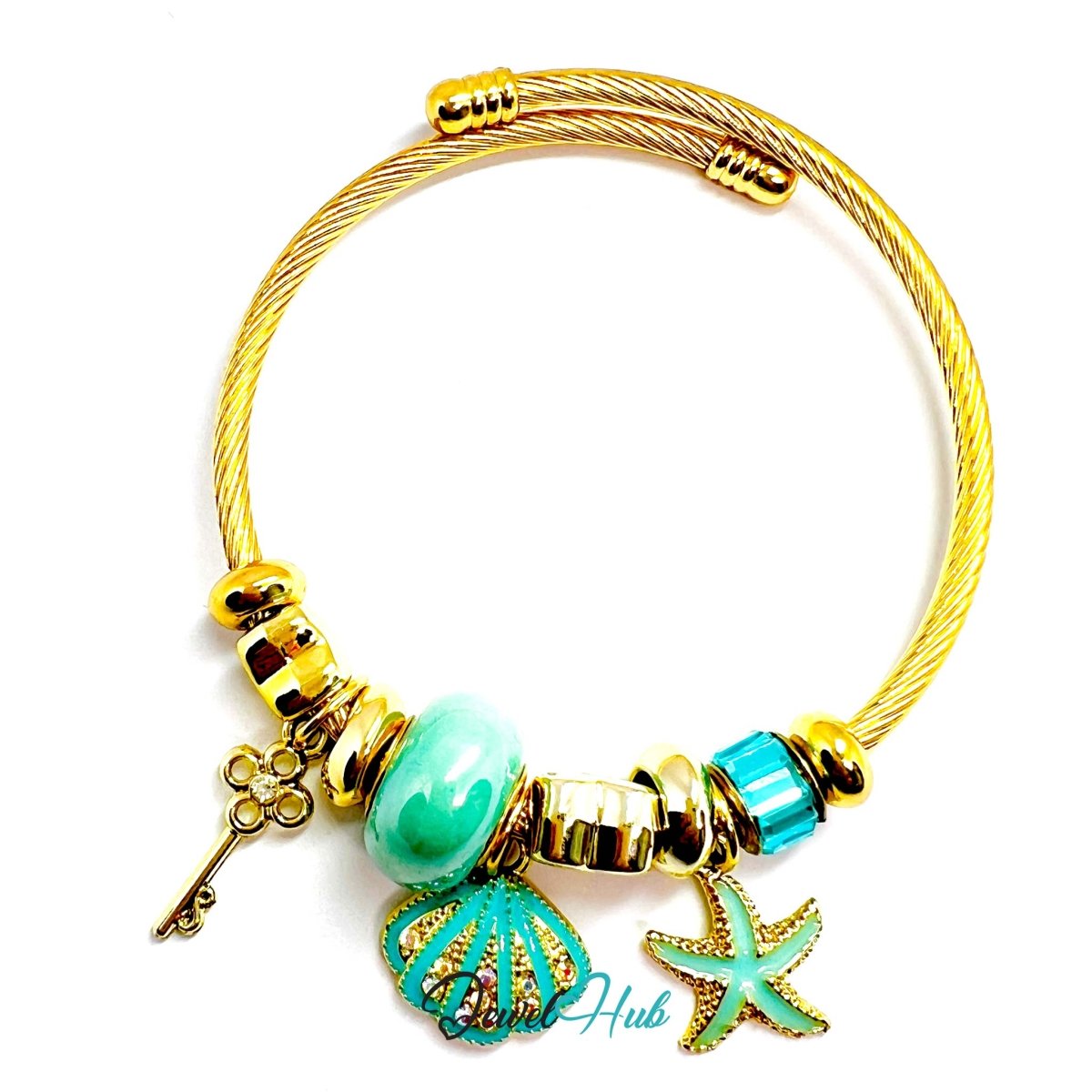 Gold Stainless Steel Cyan Shell & Starfish Beads Charm Bangle - JewelHub.co.uk