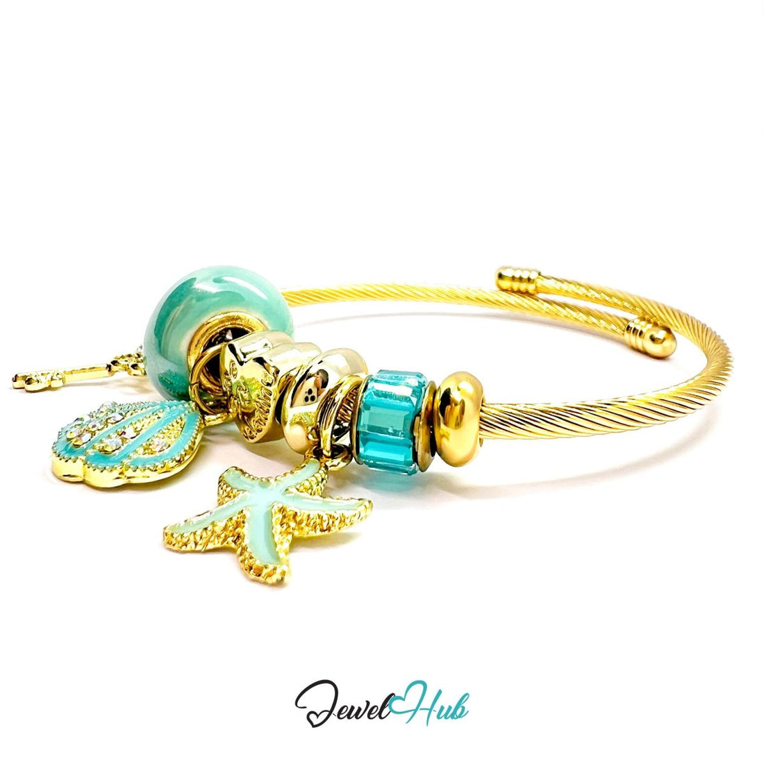 Gold bracelet with turquoise charms on a white background, featuring the brand 'Jewel Hub'.