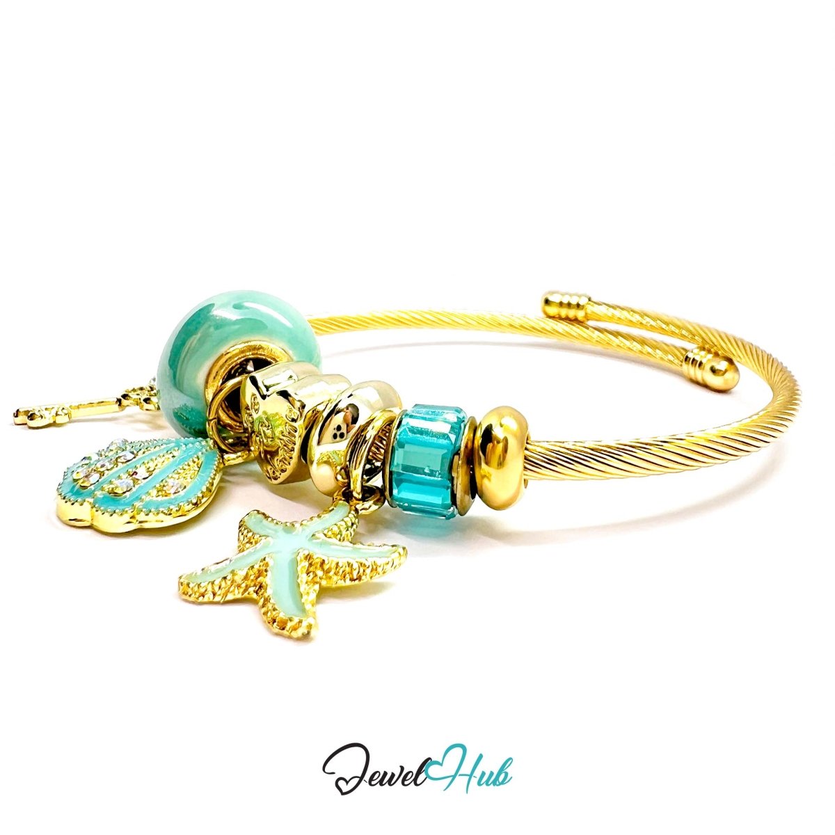 Gold Stainless Steel Cyan Shell & Starfish Beads Charm Bangle - JewelHub.co.uk
