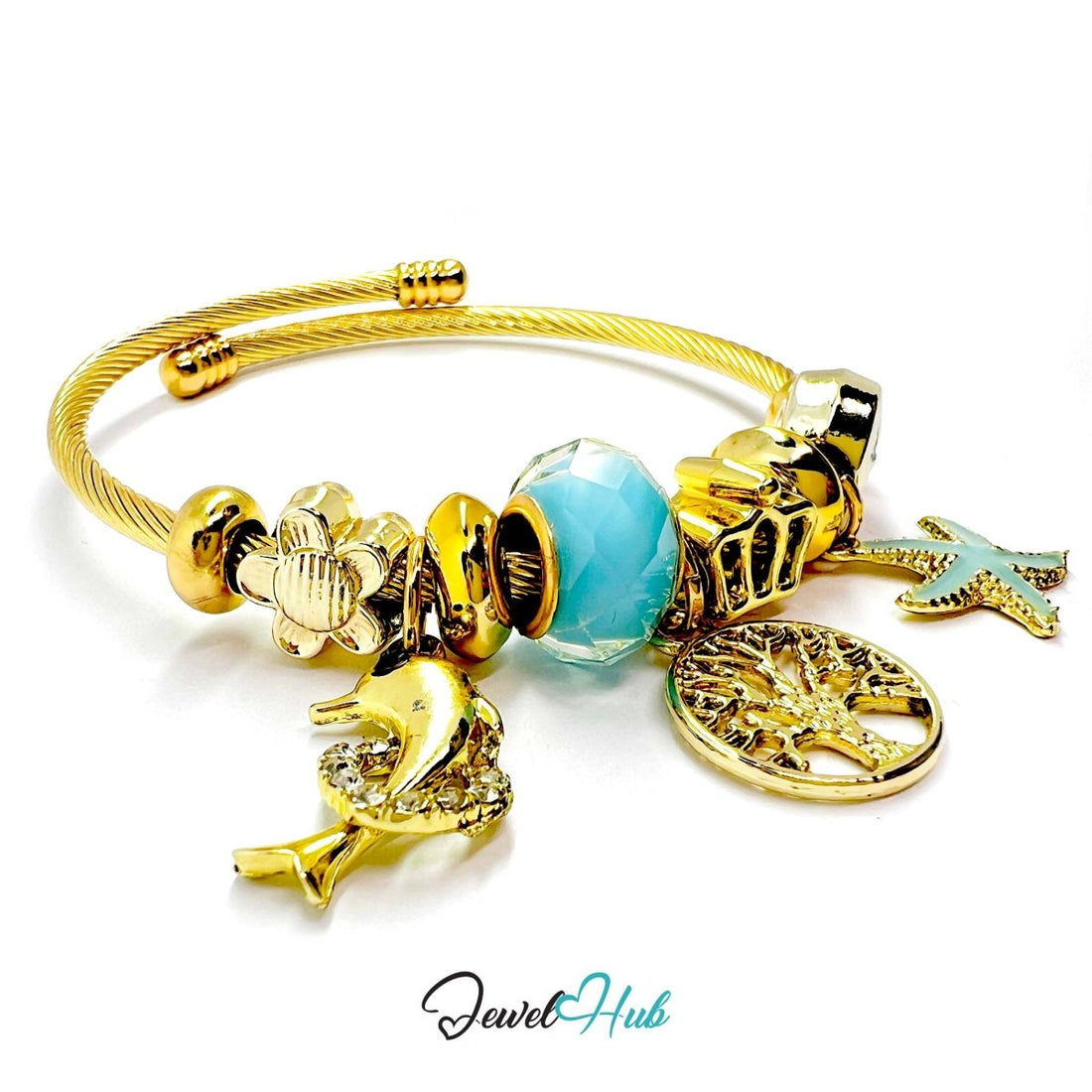 Gold Stainless Steel Cyan Tree of Life Beads Charm Bangle - JewelHub.co.uk