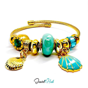 Gold Stainless Steel Cyan Twin Shell Beads Charm Bangle - JewelHub.co.uk