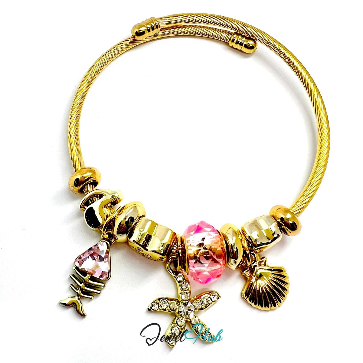Gold Stainless Steel Pink Gem Starfish Fishbone Charm Bangle - JewelHub.co.uk