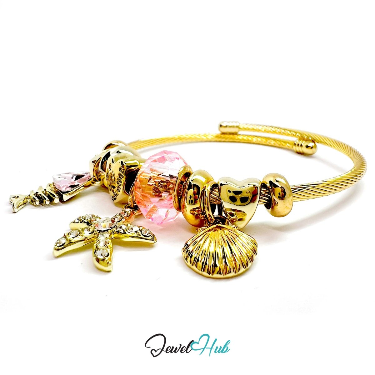 Gold Stainless Steel Pink Gem Starfish Fishbone Charm Bangle - JewelHub.co.uk