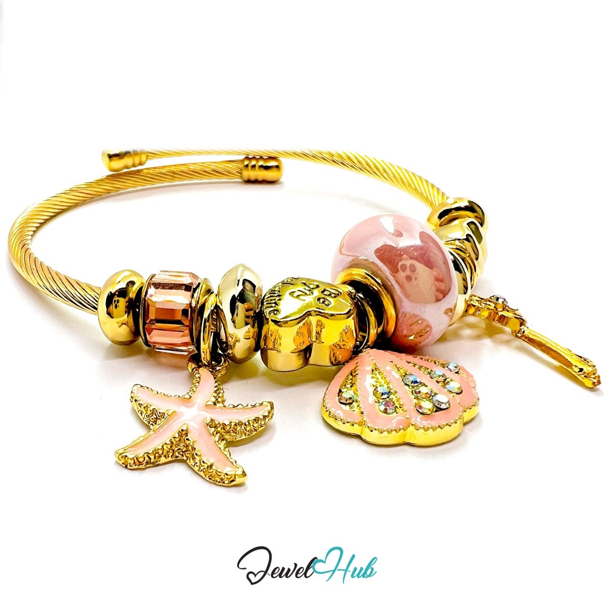 Gold Stainless Steel Pink Shell Starfish Beads Charm Bangle - JewelHub.co.uk
