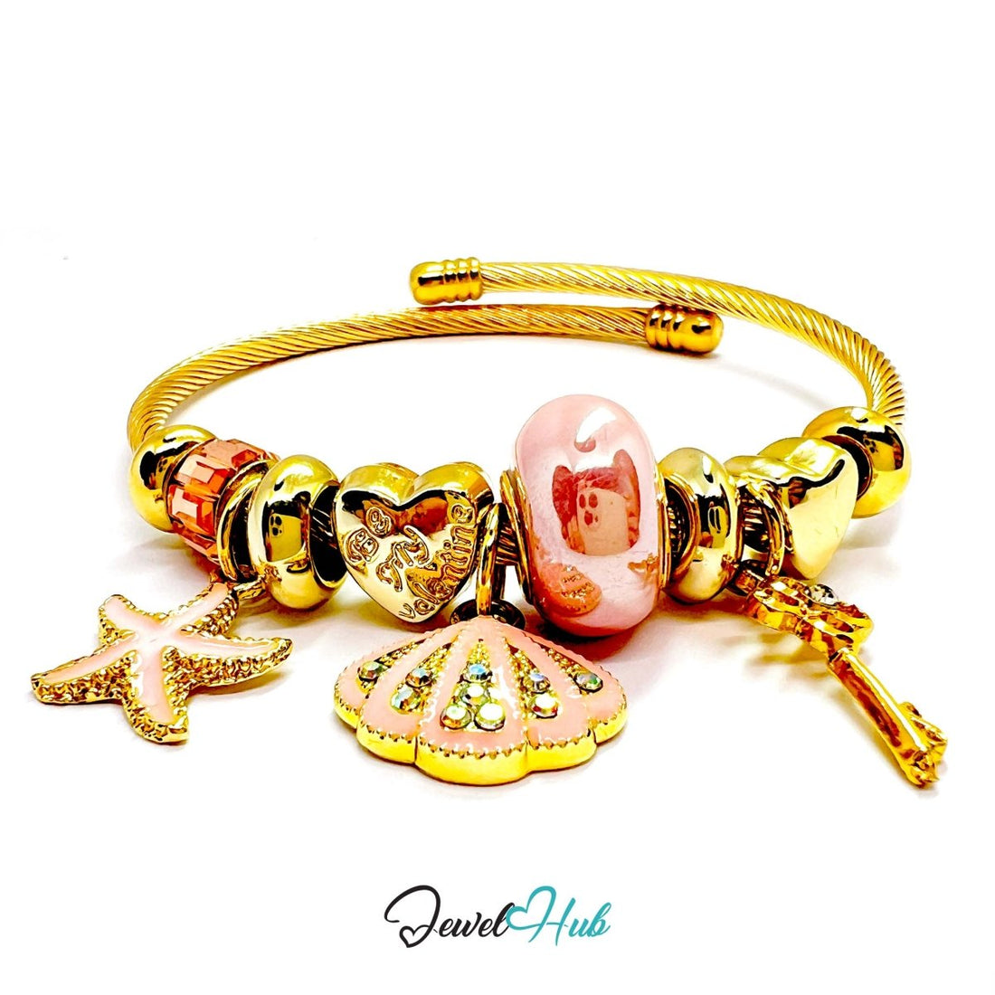 Gold Stainless Steel Pink Shell Starfish Beads Charm Bangle - JewelHub.co.uk