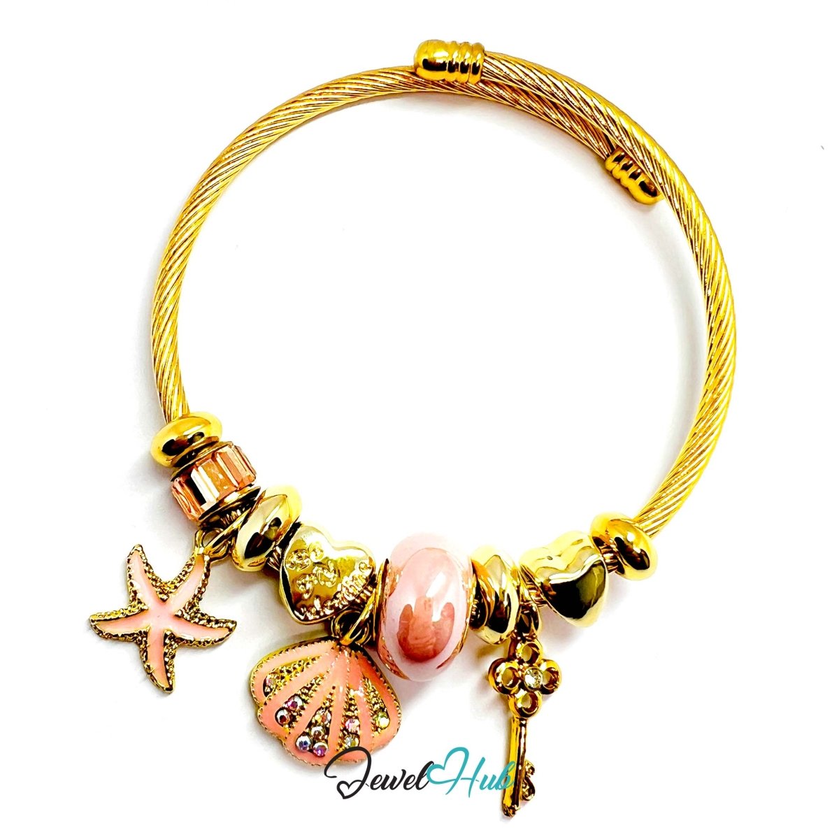 Gold Stainless Steel Pink Shell Starfish Beads Charm Bangle - JewelHub.co.uk