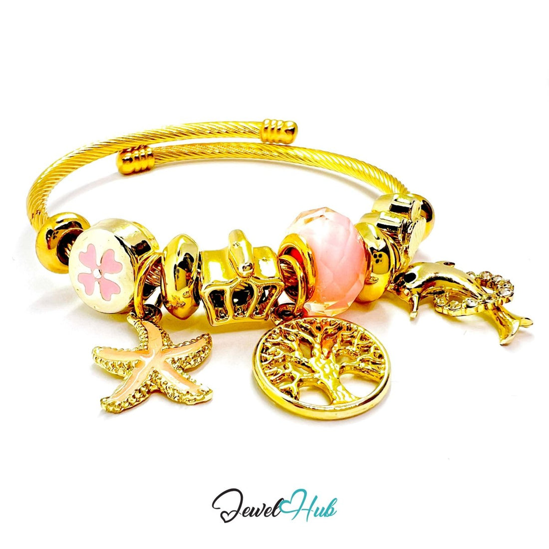 Gold Stainless Steel Pink Tree of Life Beads Charm Bangle - JewelHub.co.uk