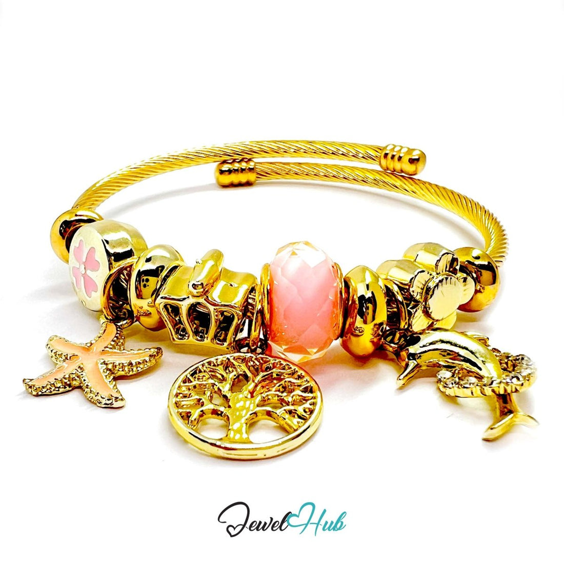Gold Stainless Steel Pink Tree of Life Beads Charm Bangle - JewelHub.co.uk