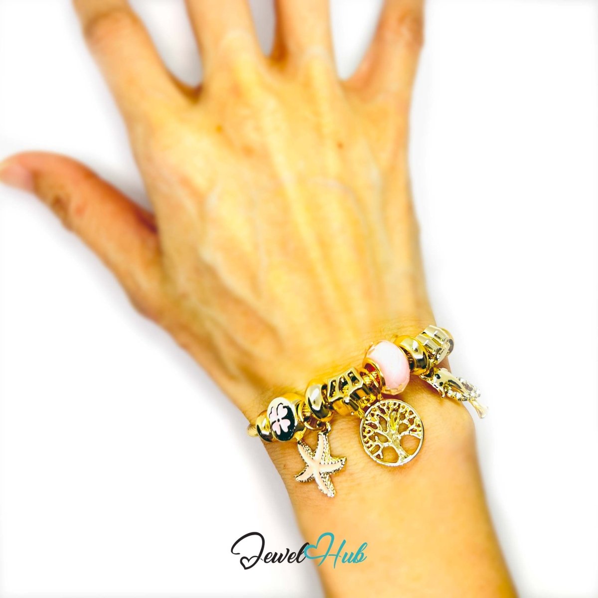 Gold Stainless Steel Pink Tree of Life Beads Charm Bangle - JewelHub.co.uk