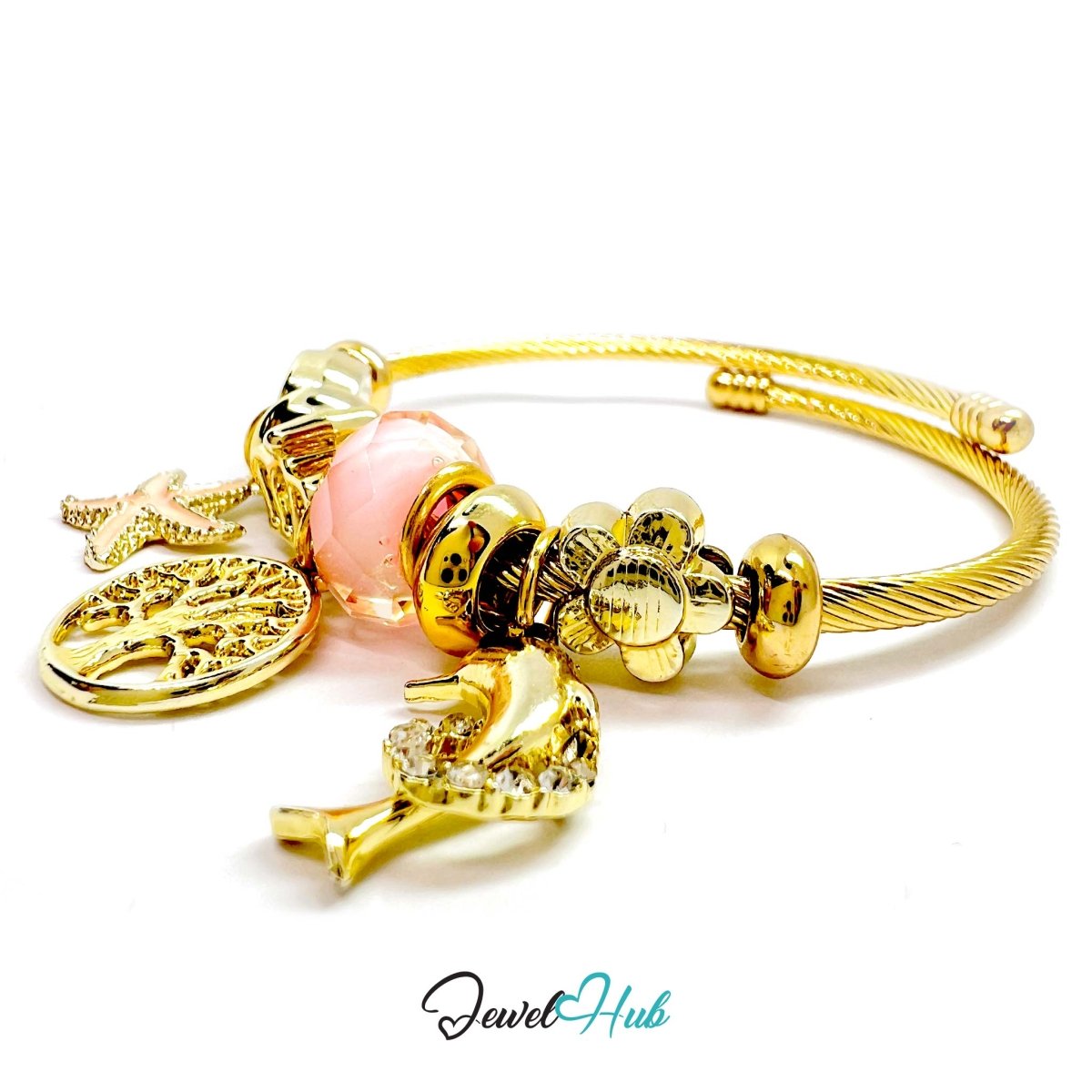 Gold Stainless Steel Pink Tree of Life Beads Charm Bangle - JewelHub.co.uk