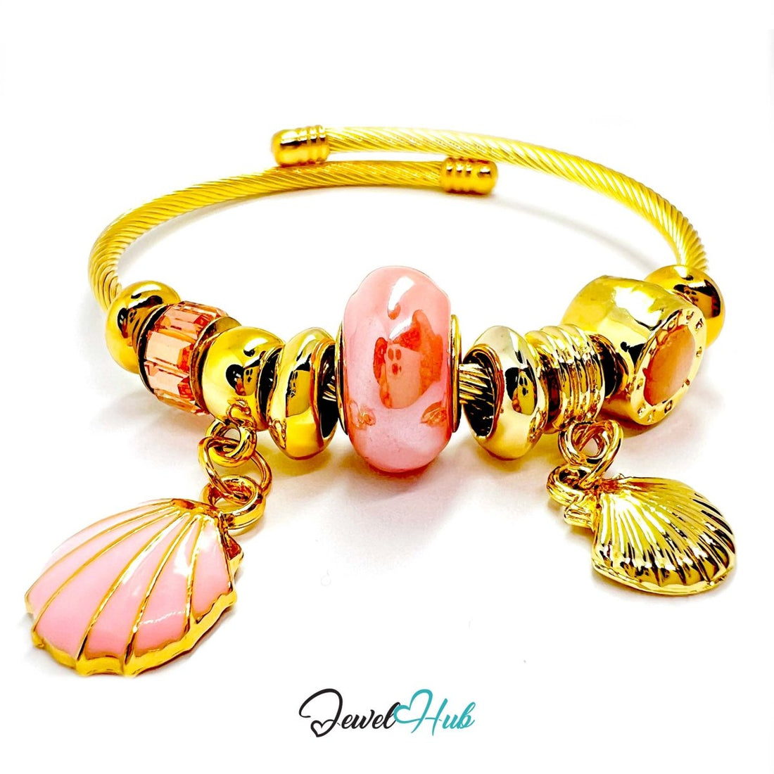 Gold Stainless Steel Pink Twin Shell Beads Charm Bangle - JewelHub.co.uk