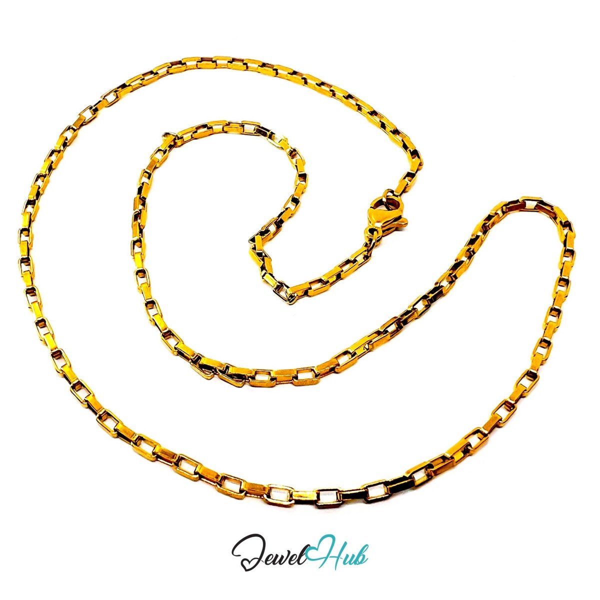 Gold Stainless Steel Rectangular Box Chain Necklace 2×3.5mm | 45cm or 60cm - JewelHub.co.uk