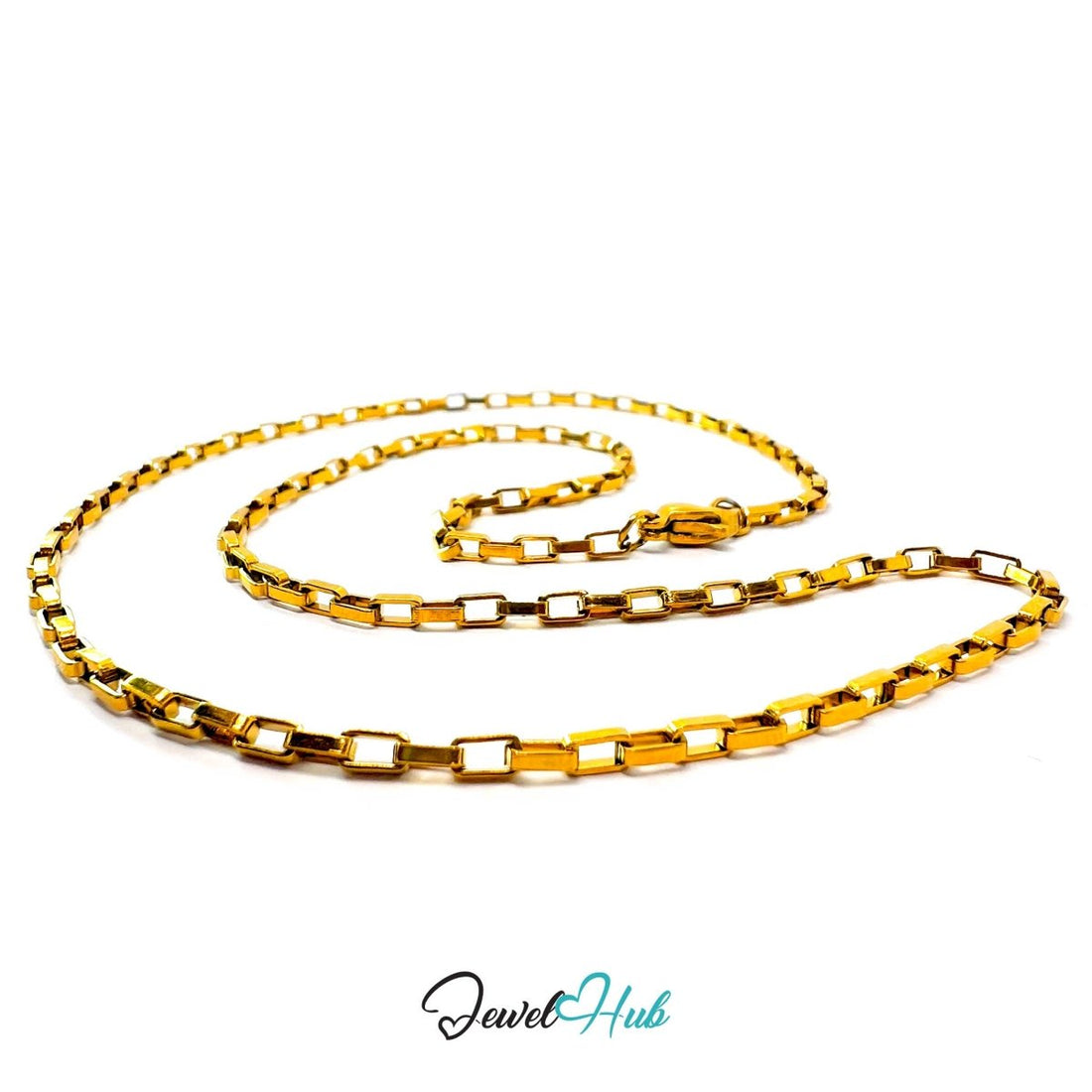 Gold Stainless Steel Rectangular Box Chain Necklace 2×3.5mm | 45cm or 60cm - JewelHub.co.uk