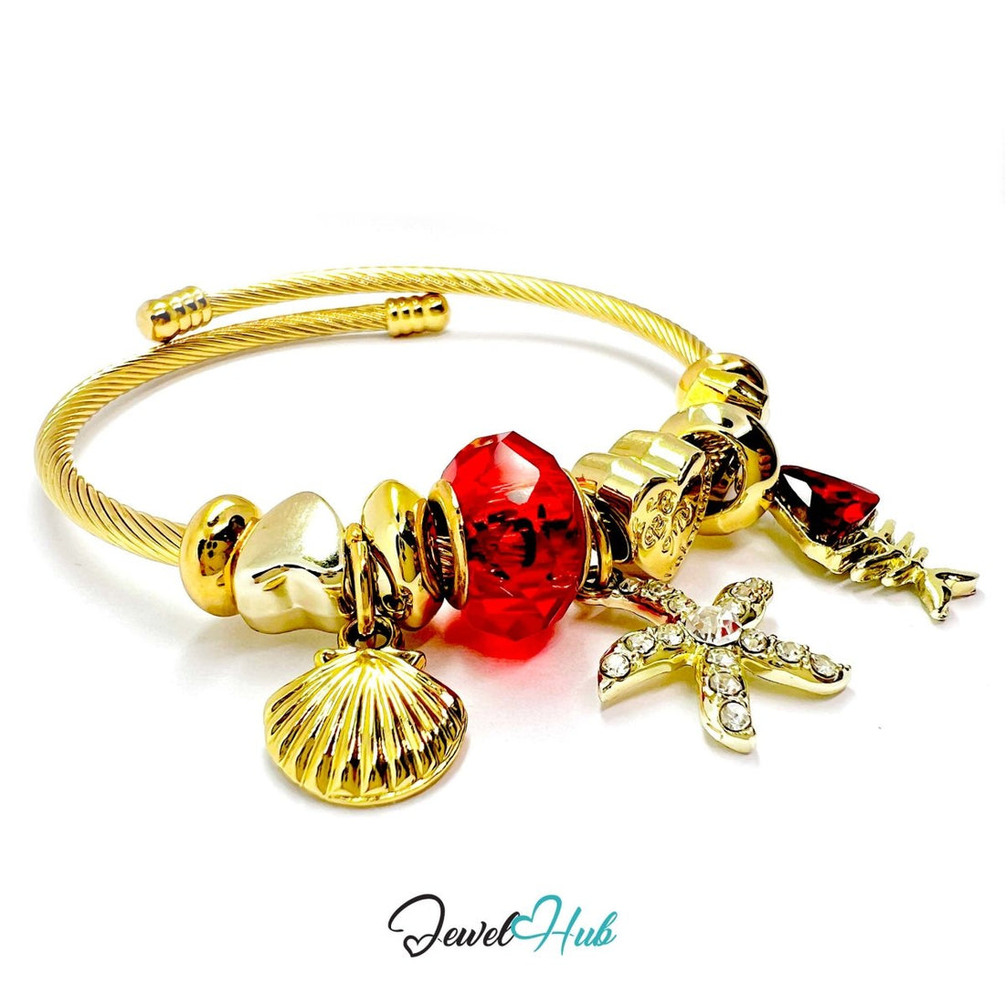 Gold Stainless Steel Red Gem Starfish Fishbone Charm Bangle - JewelHub.co.uk