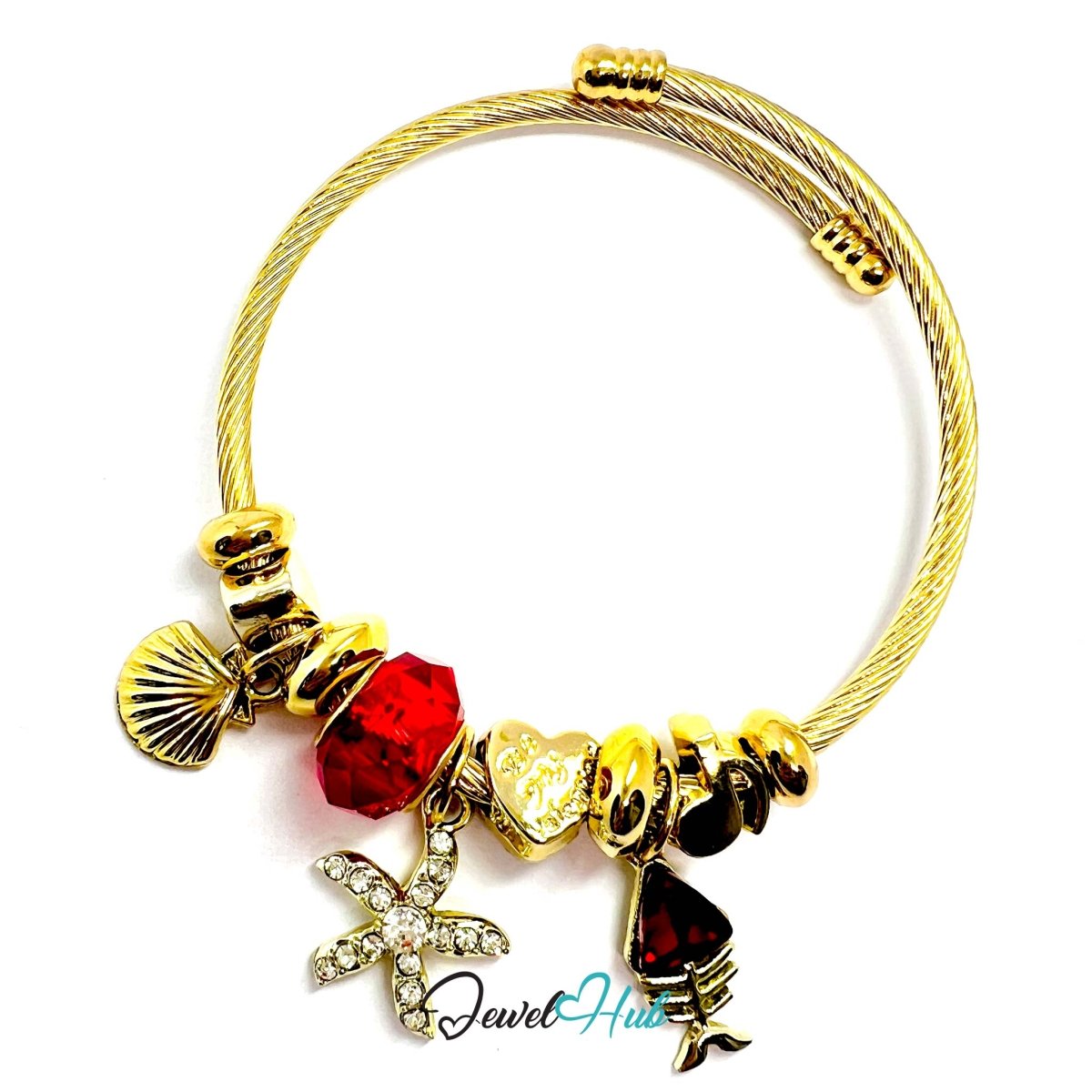 Gold Stainless Steel Red Gem Starfish Fishbone Charm Bangle - JewelHub.co.uk