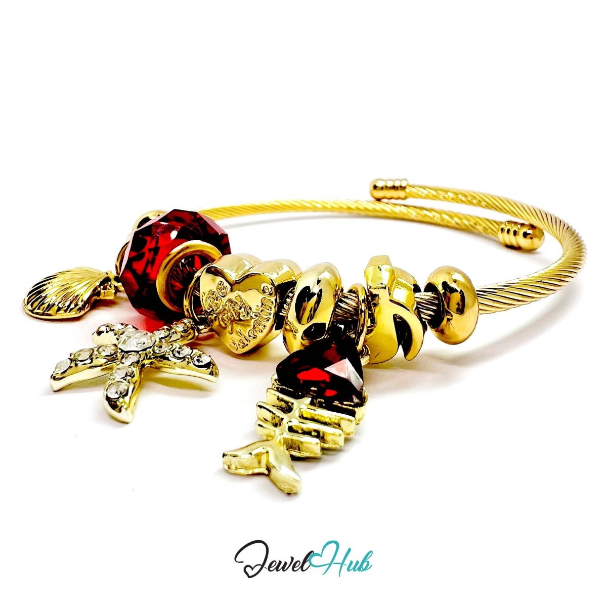 Gold Stainless Steel Red Gem Starfish Fishbone Charm Bangle - JewelHub.co.uk