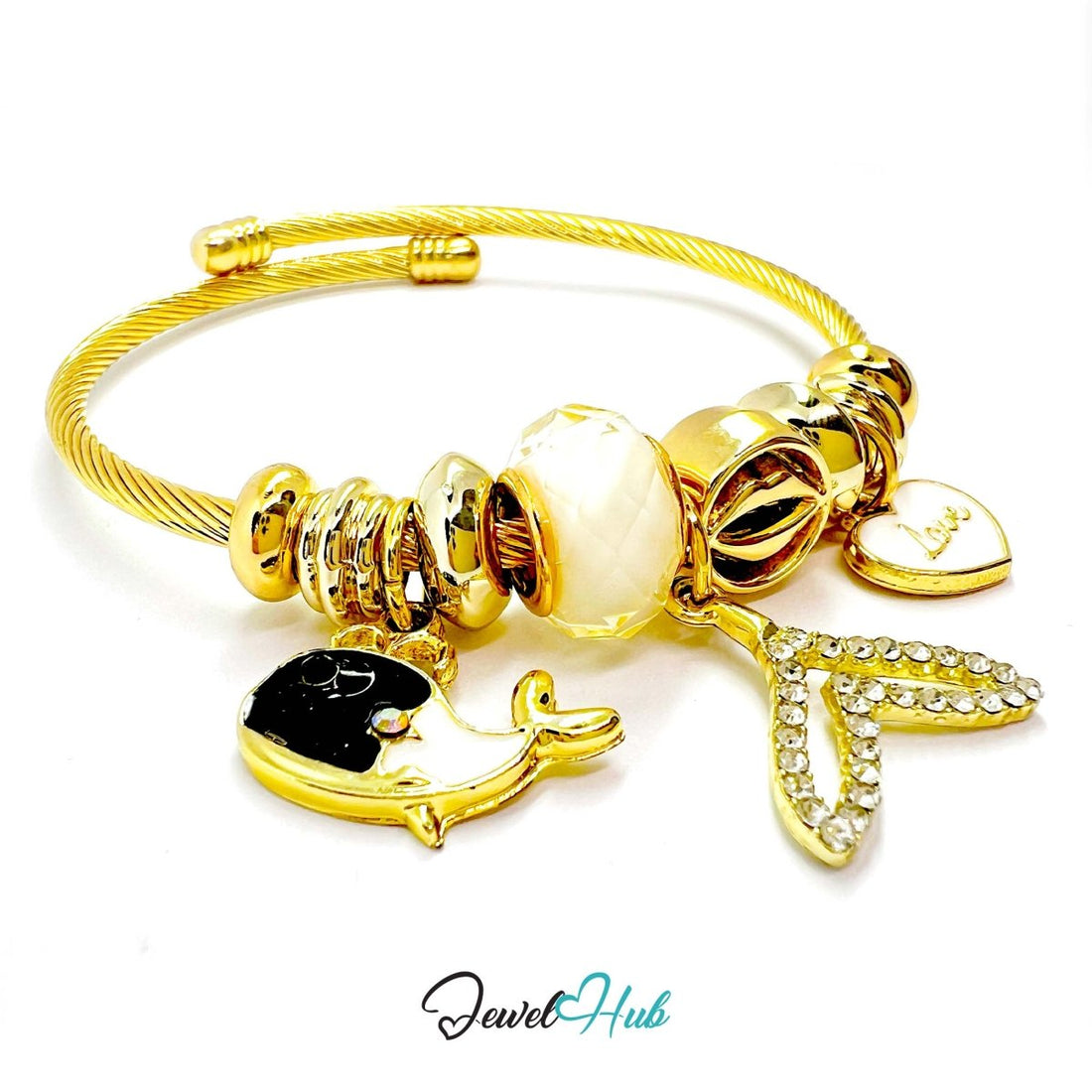 Gold Stainless Steel White Fishtail & Whale Charm Bangle - JewelHub.co.uk