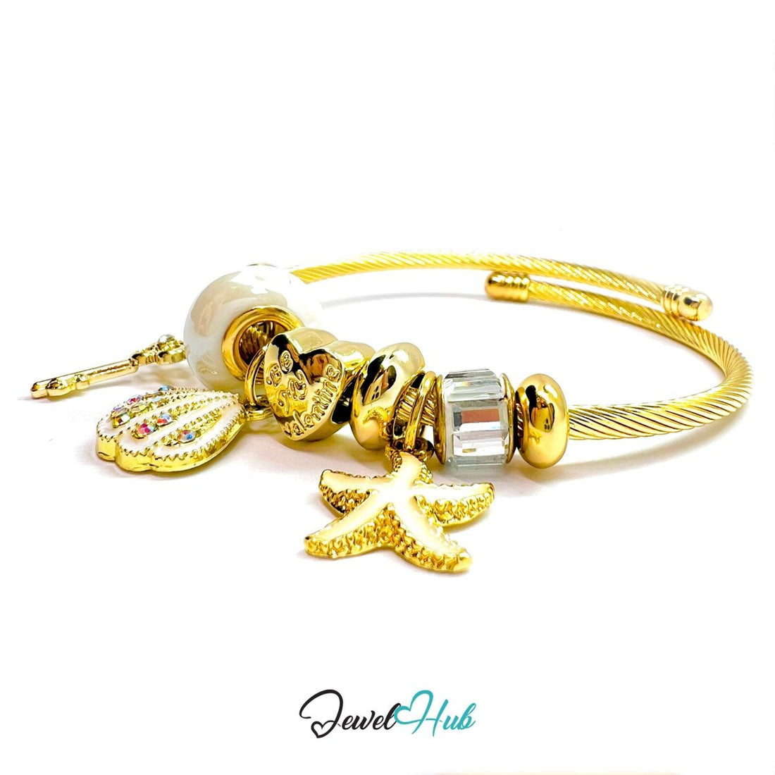 Gold bracelet with various charms on a white background, featuring the brand 'Jewel Hub'.
